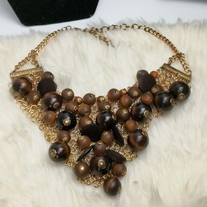 Charming Charlie Statement Necklace Chunky Wood Beaded Brown